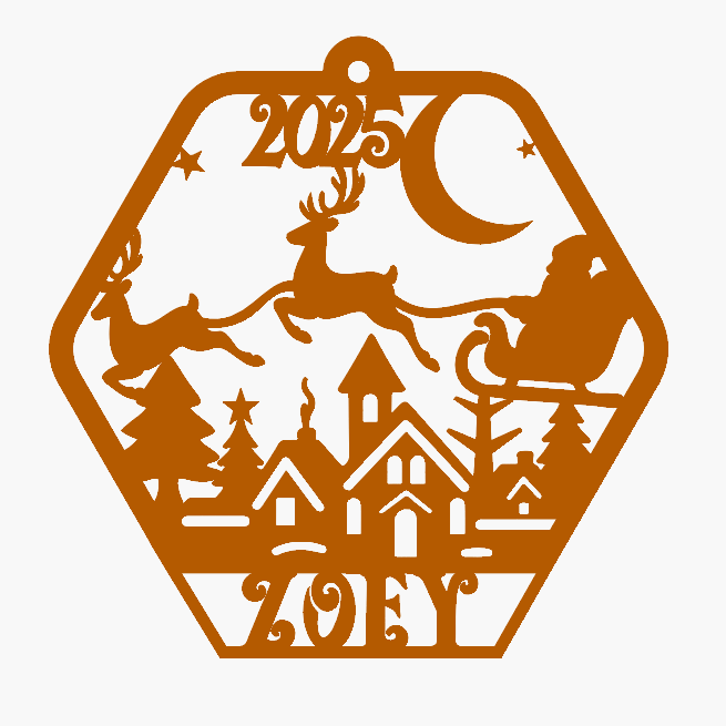 Decorative Christmas ornament with reindeer, houses, and '2025' on a white background