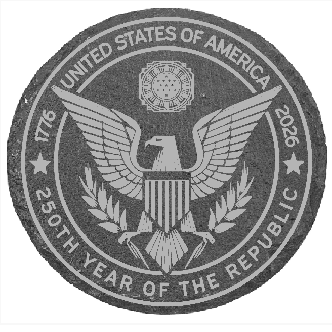 Seal of the United States with '250th Year of the Republic' text on a gray background