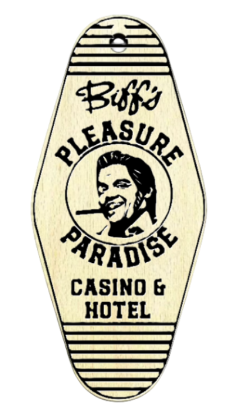 Vintage-style keychain with 'Buffy's Pleasure Paradise Casino & Hotel' text and logo.