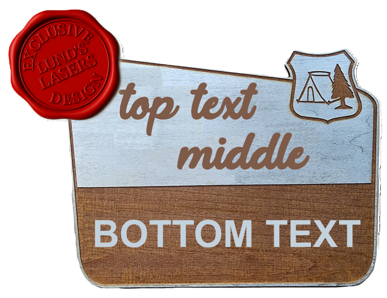Decorative sign with text placeholders and a red wax seal on a white background