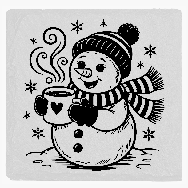Black and white illustration of a snowman holding a mug with stars around it on a light gray background