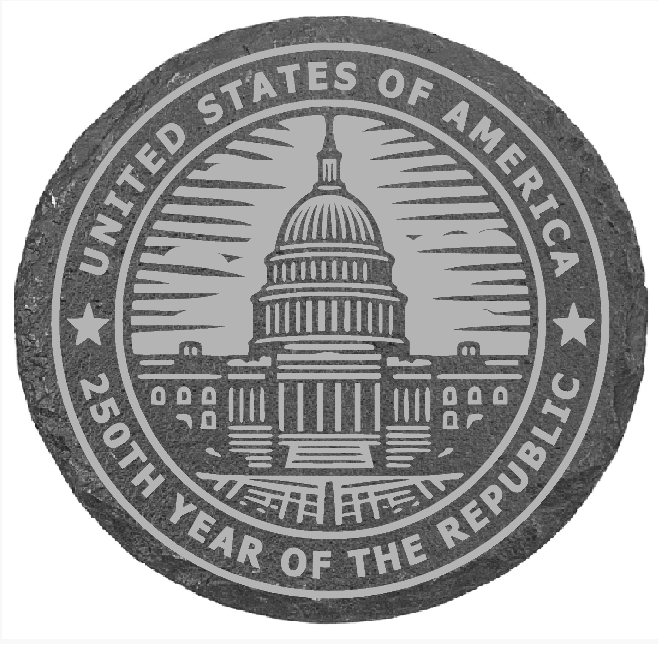 Seal of the United States with Capitol building, 'United States of America' text, and '250th Year of the Republic' text.
