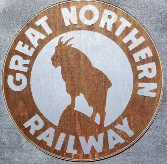 Great Northern Railway logo with a silhouette of a goat on a gray background