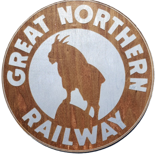 Circular logo of Great Northern Railway with a silhouette of a goat on a wooden background