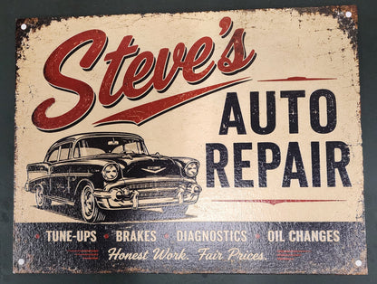 Vintage-style sign for Steve's Auto Repair on a dark background
