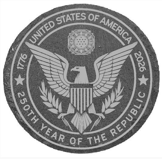 Seal of the United States with '250th Year of the Republic' text on a gray background