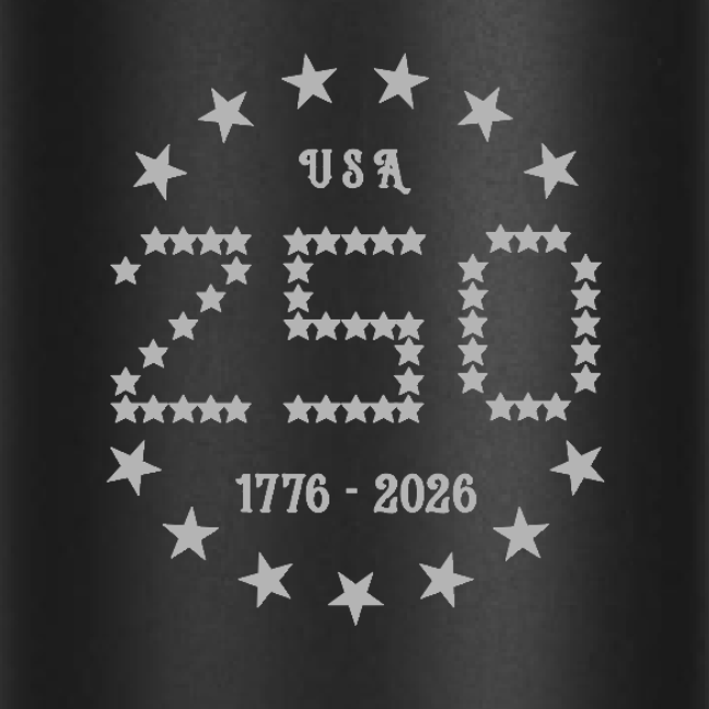 Black mug with 'USA 250 1776-2026' design featuring stars on a dark background