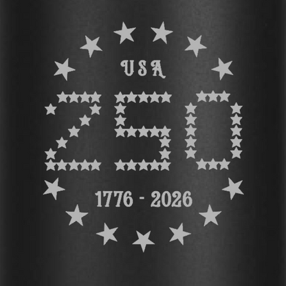 Black mug with 'USA 250 1776-2026' design featuring stars on a dark background