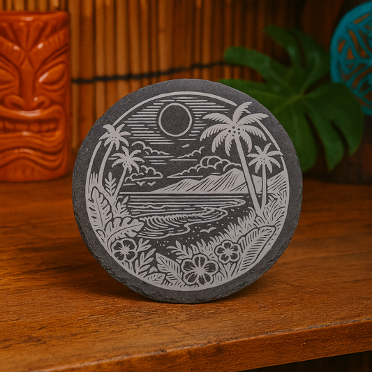 Decorative coaster with tropical design on a wooden surface