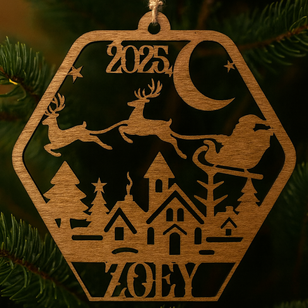 Wooden Christmas ornament with 2025 design on a tree