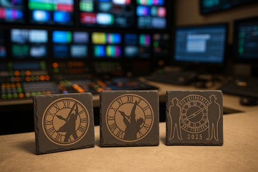 Three engraved stone blocks with clock designs on a desk in front of computer monitors.