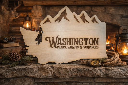 Wooden sign shaped like the state of Washington with engraved text, placed on a stone surface with decorative items.