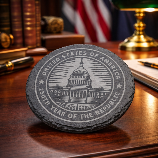 Slate coaster with U.S. Capitol building engraving on a wooden desk with books and American flag in the background