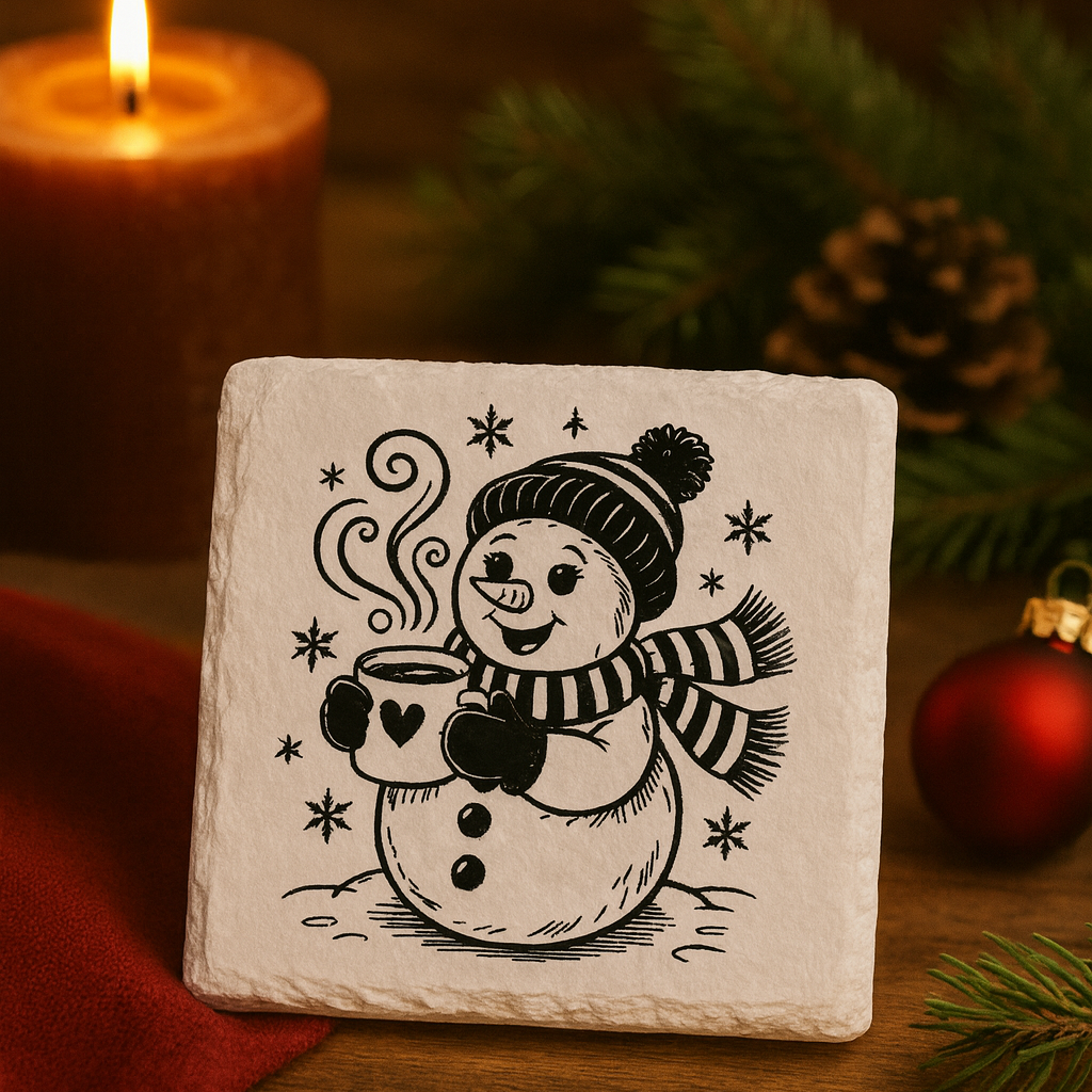 Decorative stone with a snowman illustration holding a mug, surrounded by Christmas decorations on a wooden surface.