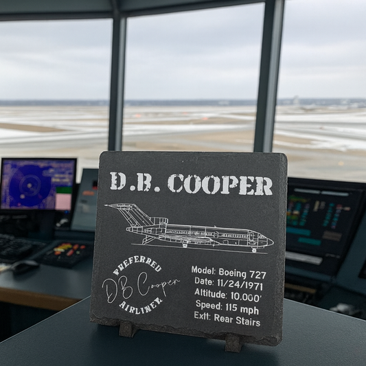 Model airplane on a stand with 'D.B. Cooper' branding in an airport control tower setting.
