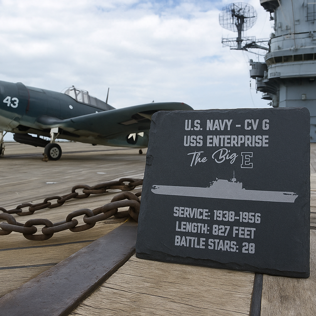 Vintage U.S. Navy airplane on an aircraft carrier deck with a plaque detailing USS Enterprise.