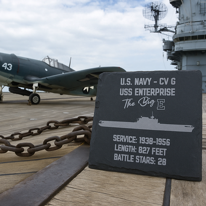 Vintage U.S. Navy airplane on an aircraft carrier deck with a plaque detailing USS Enterprise.