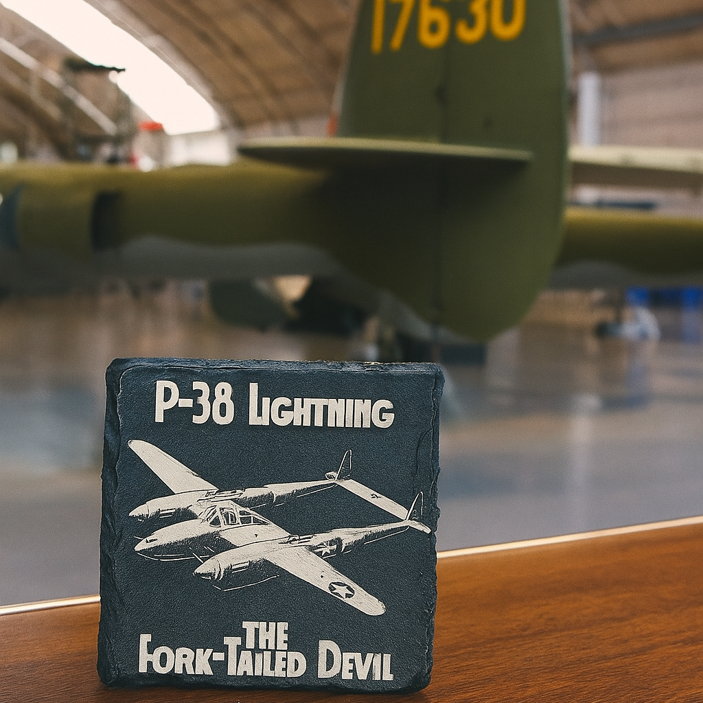Model of a P-38 Lightning airplane on a stand with a blurred vintage airplane in the background.