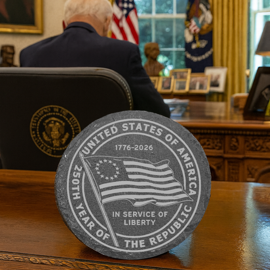 Coaster with 'United States of America 1776-2021' design on a desk in an office setting.