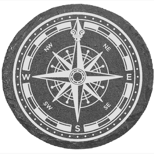 Black and white compass rose design on a circular background