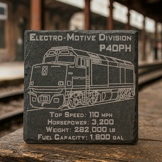 Engraved slate with locomotive design and specifications on a wooden surface.