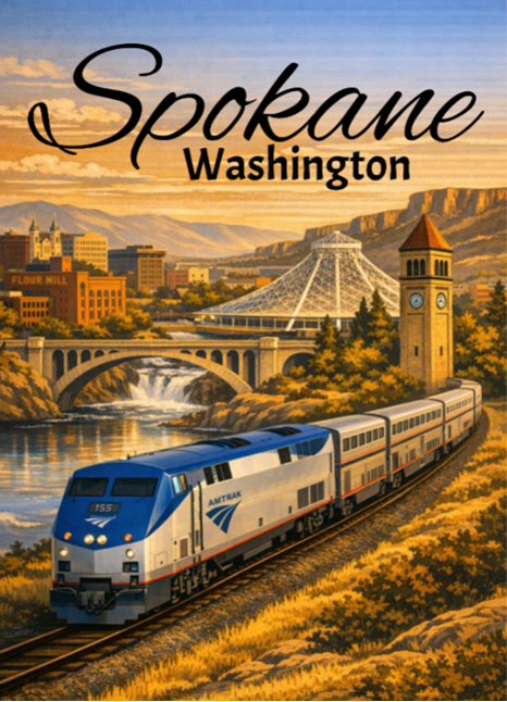 Train on tracks with a scenic view of Spokane, Washington, featuring a clock tower and river.