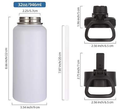 White water bottle with black cap and measurements on a white background
